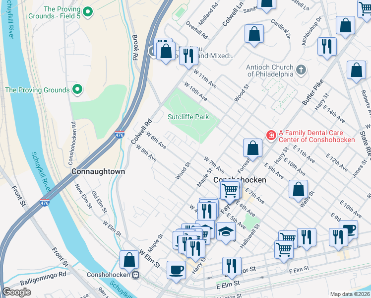 map of restaurants, bars, coffee shops, grocery stores, and more near 333 West 7th Avenue in Conshohocken