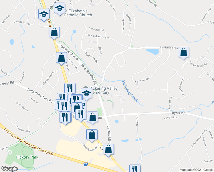 map of restaurants, bars, coffee shops, grocery stores, and more near 198 Flagstone Road in Chester Springs