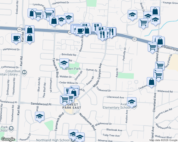 map of restaurants, bars, coffee shops, grocery stores, and more near 5522 Cedarbush Road in Columbus