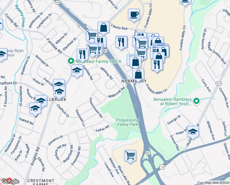 map of restaurants, bars, coffee shops, grocery stores, and more near 12030 Millbrook Road in Philadelphia