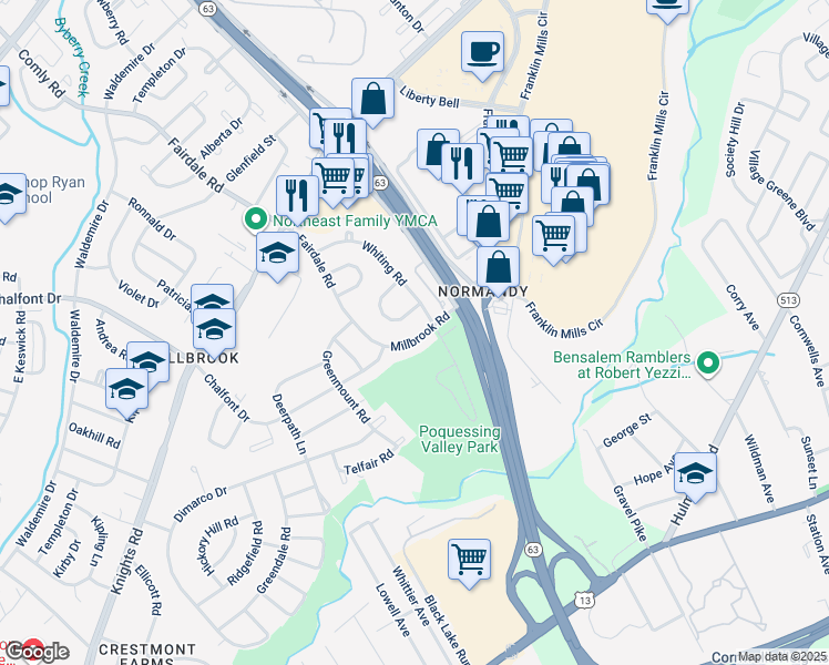 map of restaurants, bars, coffee shops, grocery stores, and more near 12030 Millbrook Road in Philadelphia