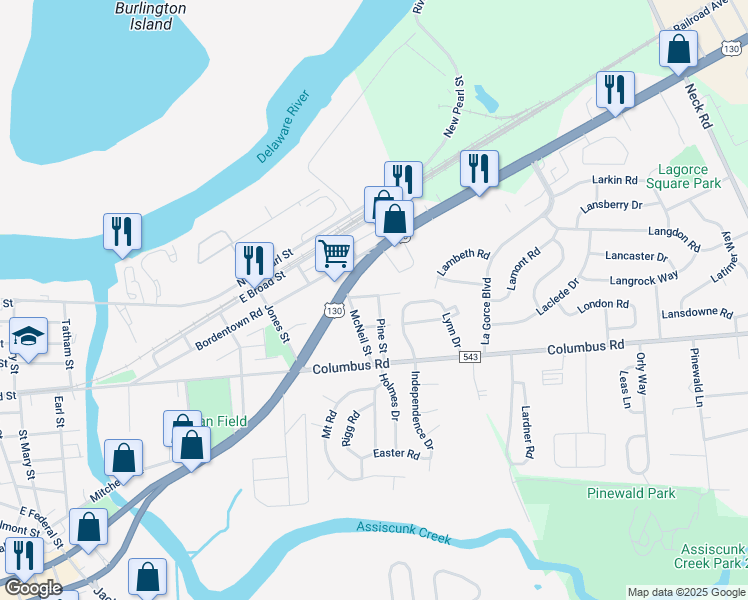 map of restaurants, bars, coffee shops, grocery stores, and more near 206 Pine Street in Burlington