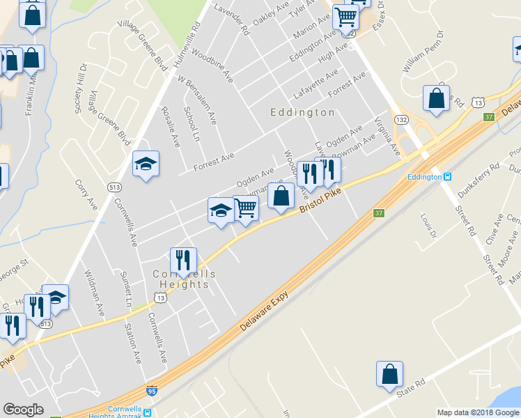 map of restaurants, bars, coffee shops, grocery stores, and more near 2509 Finley Avenue in Bensalem