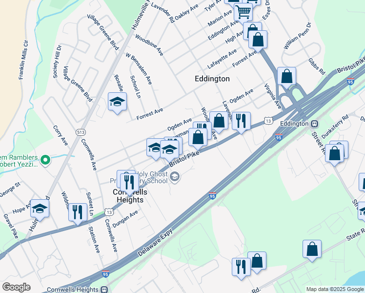 map of restaurants, bars, coffee shops, grocery stores, and more near 2509 Finley Avenue in Bensalem