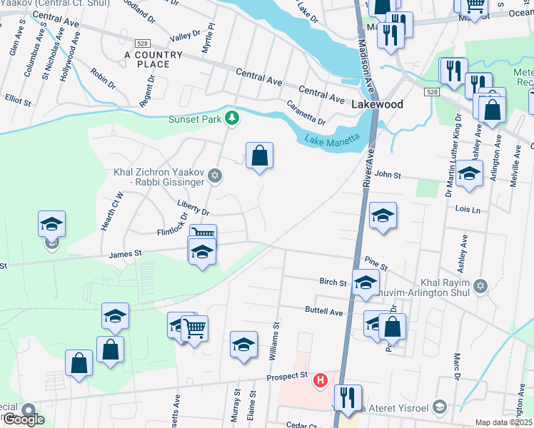 map of restaurants, bars, coffee shops, grocery stores, and more near 25 Commonwealth Drive in Lakewood