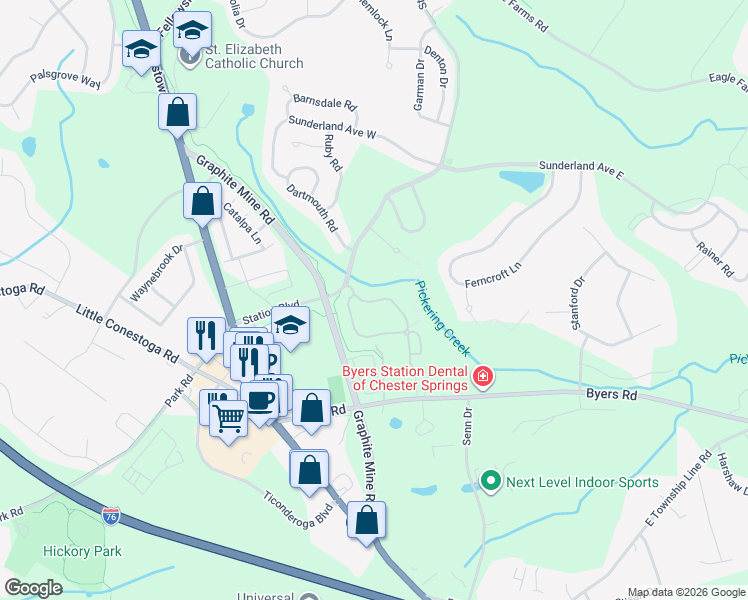 map of restaurants, bars, coffee shops, grocery stores, and more near 239 Flagstone Road in Chester Springs
