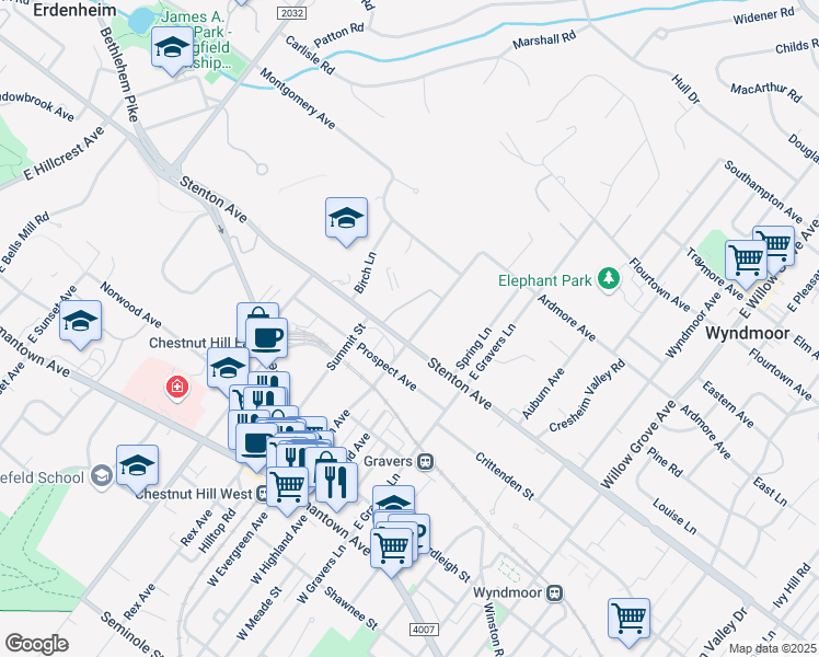 map of restaurants, bars, coffee shops, grocery stores, and more near 501 East Evergreen Avenue in Wyndmoor