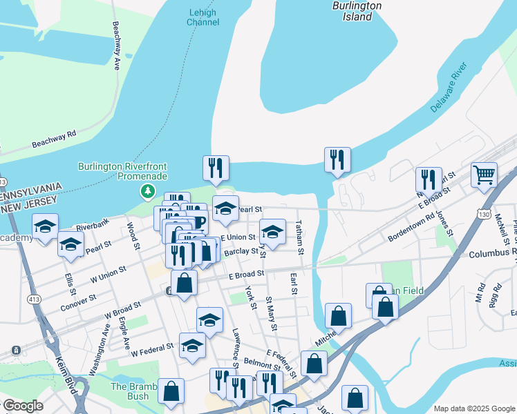 map of restaurants, bars, coffee shops, grocery stores, and more near 240 Pearl Boulevard in Burlington