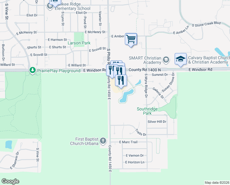 map of restaurants, bars, coffee shops, grocery stores, and more near 2700-3198 County Road 1450 E in Urbana