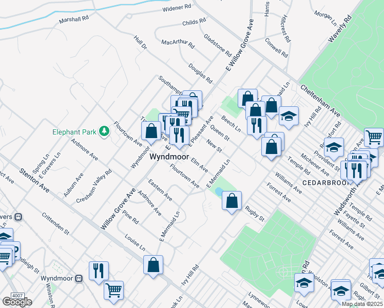 map of restaurants, bars, coffee shops, grocery stores, and more near 7821 Elm Ave in Wyndmoor
