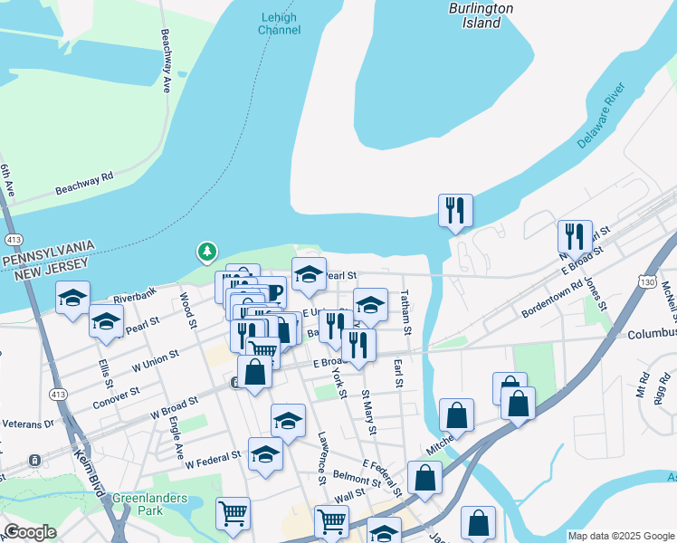 map of restaurants, bars, coffee shops, grocery stores, and more near 101 Pearl Boulevard in Burlington