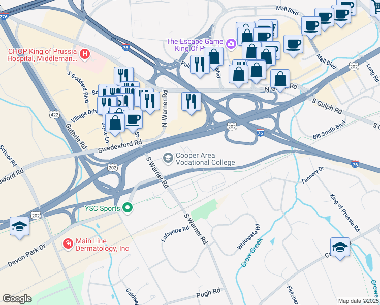 map of restaurants, bars, coffee shops, grocery stores, and more near 1000 Continental Drive in King of Prussia