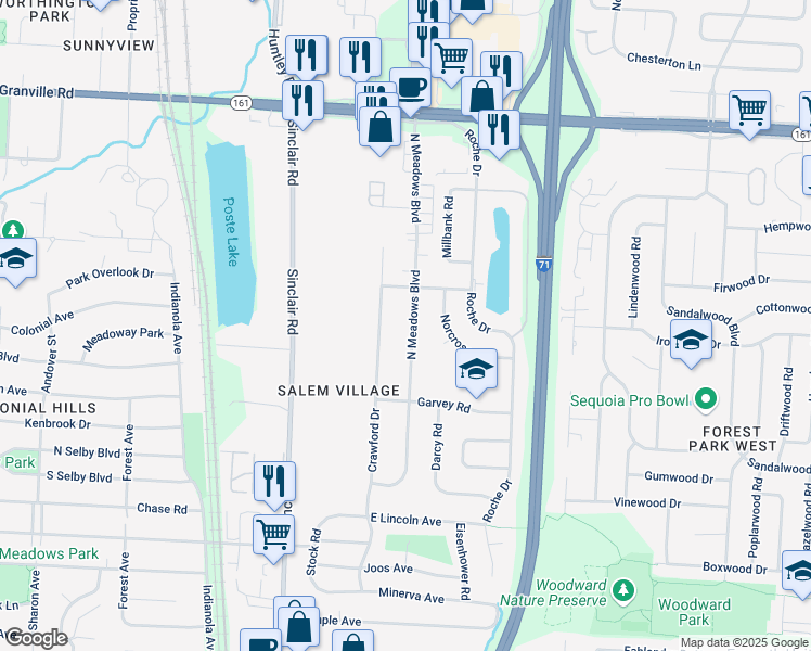 map of restaurants, bars, coffee shops, grocery stores, and more near 5643 North Meadows Boulevard in Columbus