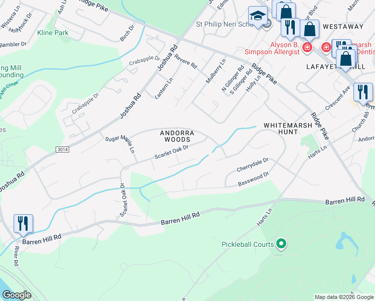map of restaurants, bars, coffee shops, grocery stores, and more near 43 Scarlet Oak Drive in Lafayette Hill