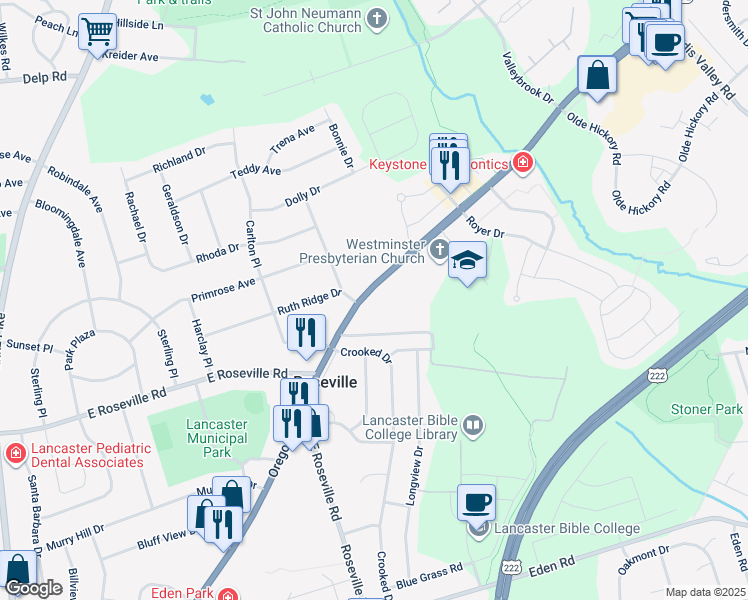 map of restaurants, bars, coffee shops, grocery stores, and more near 2101 Oregon Pike in Lancaster