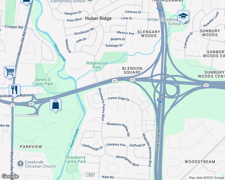 map of restaurants, bars, coffee shops, grocery stores, and more near 3889 Four Pointe Farms Lane in Columbus