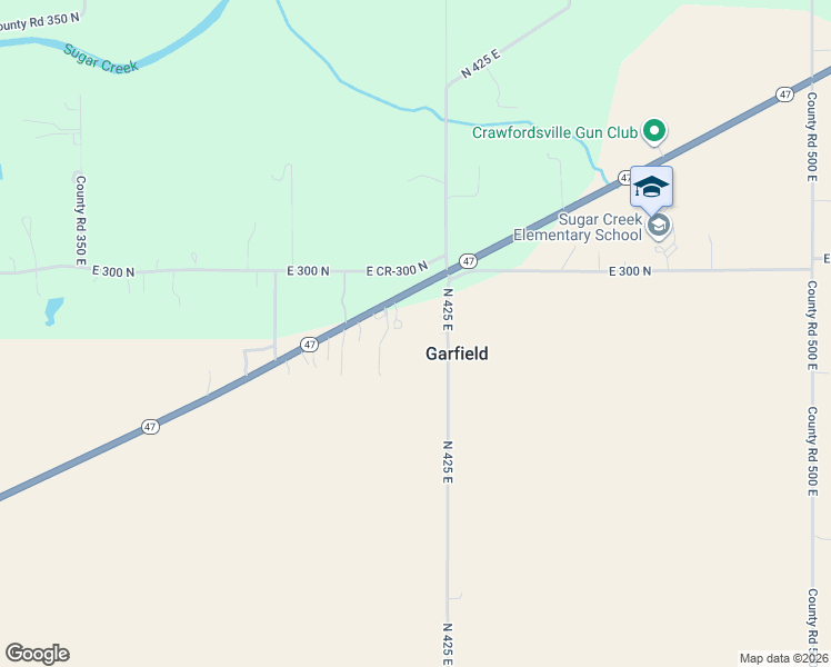 map of restaurants, bars, coffee shops, grocery stores, and more near 2905 North 425 East in Crawfordsville