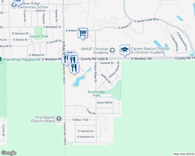 map of restaurants, bars, coffee shops, grocery stores, and more near 2810 South Myra Ridge Drive in Urbana