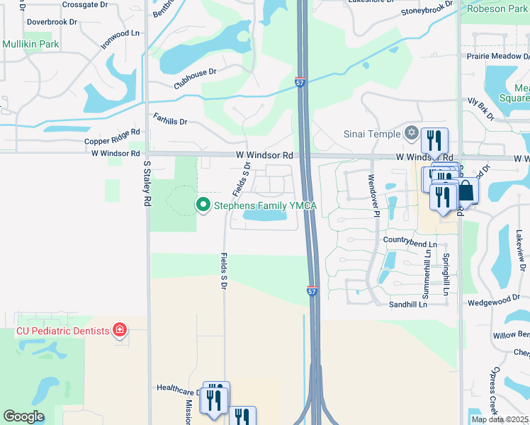 map of restaurants, bars, coffee shops, grocery stores, and more near 2506 Fields South Drive in Champaign
