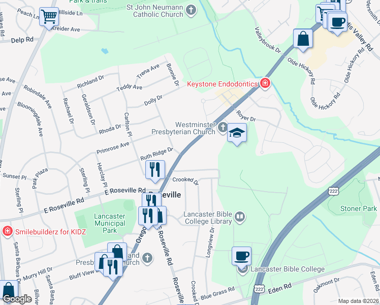 map of restaurants, bars, coffee shops, grocery stores, and more near 2101 Oregon Pike in Lancaster