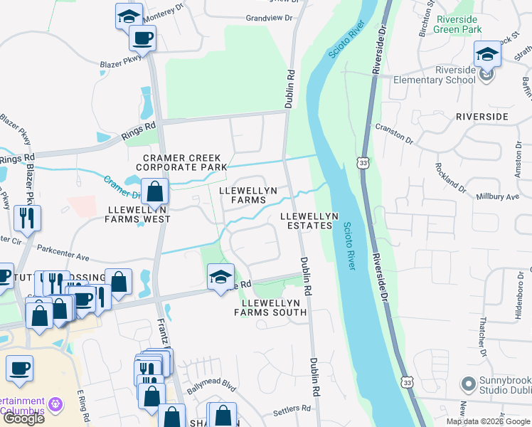 map of restaurants, bars, coffee shops, grocery stores, and more near 5597 Braeside Court in Dublin