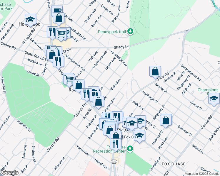 map of restaurants, bars, coffee shops, grocery stores, and more near 3 Montgomery Avenue in Rockledge