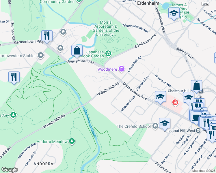 map of restaurants, bars, coffee shops, grocery stores, and more near 11 West Bells Mill Road in Philadelphia