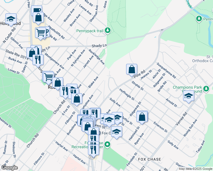 map of restaurants, bars, coffee shops, grocery stores, and more near 8222 Rockwell Avenue in Philadelphia