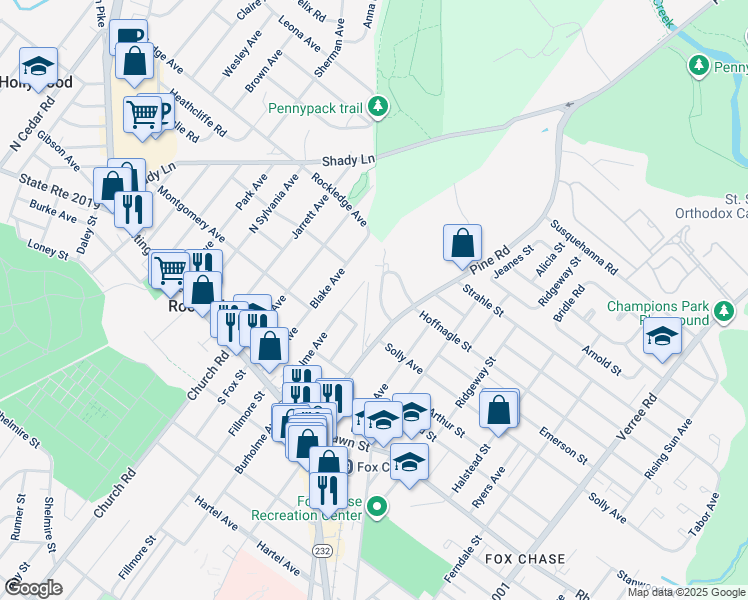 map of restaurants, bars, coffee shops, grocery stores, and more near 8222 Rockwell Avenue in Philadelphia
