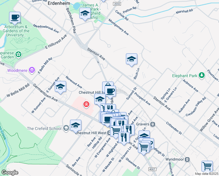 map of restaurants, bars, coffee shops, grocery stores, and more near 121 Bethlehem Pike in Philadelphia