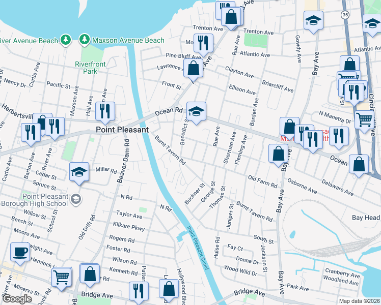 map of restaurants, bars, coffee shops, grocery stores, and more near 1237 John Street in Point Pleasant
