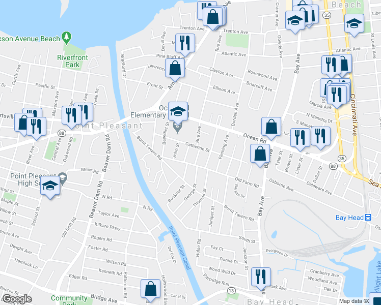map of restaurants, bars, coffee shops, grocery stores, and more near 1232 William Street in Point Pleasant
