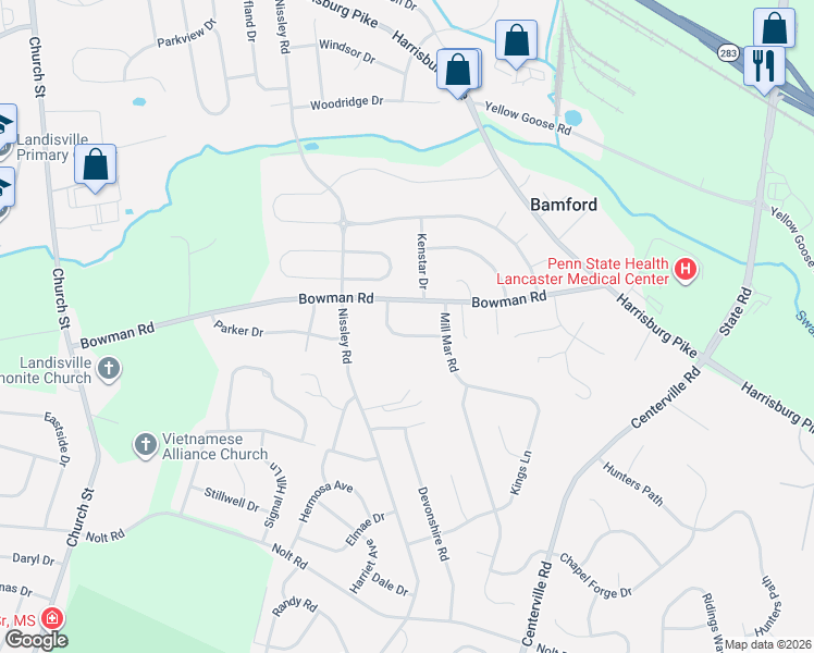map of restaurants, bars, coffee shops, grocery stores, and more near 3019 Westwood Dr in Lancaster