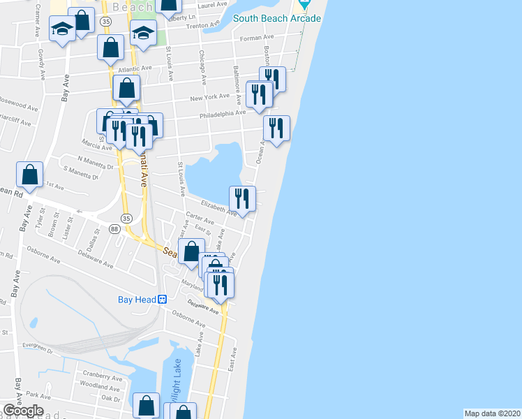 map of restaurants, bars, coffee shops, grocery stores, and more near 1425 Ocean Front in Point Pleasant Beach
