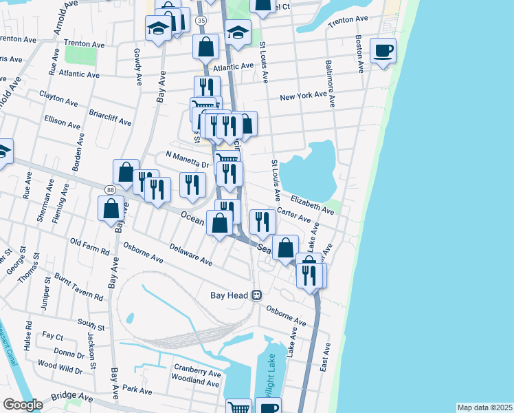 map of restaurants, bars, coffee shops, grocery stores, and more near 414 Carter Avenue in Point Pleasant Beach
