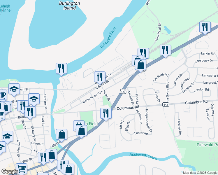 map of restaurants, bars, coffee shops, grocery stores, and more near 909 Bordentown Road in Burlington