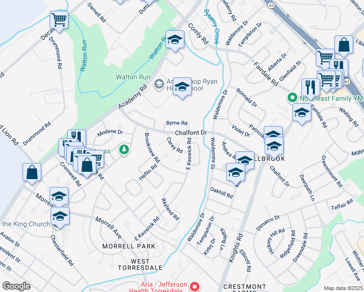map of restaurants, bars, coffee shops, grocery stores, and more near 10939 Carey Plaza in Philadelphia