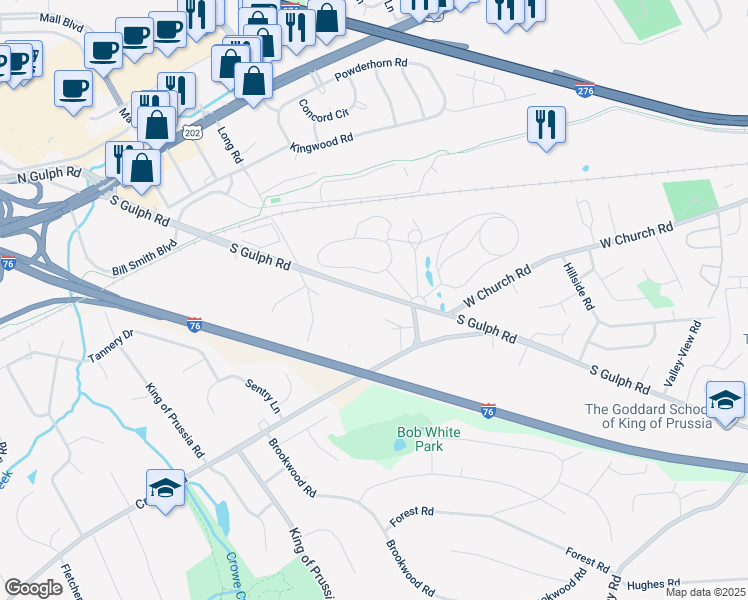 map of restaurants, bars, coffee shops, grocery stores, and more near 257 South Gulph Road in King of Prussia