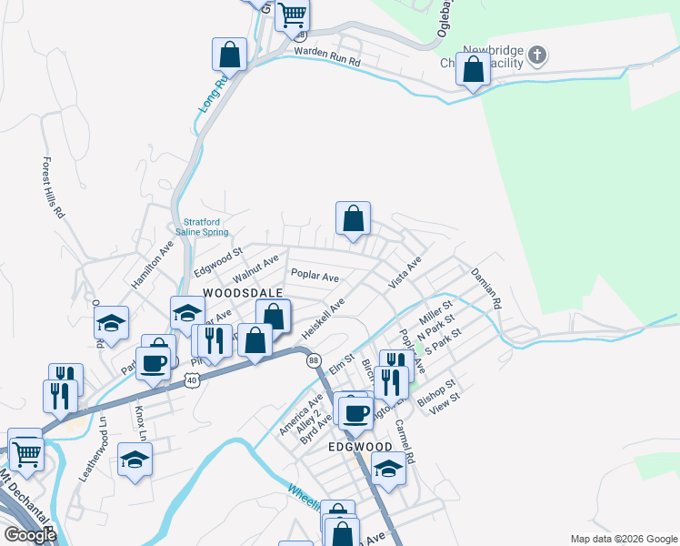 map of restaurants, bars, coffee shops, grocery stores, and more near 128 Poplar Avenue in Wheeling