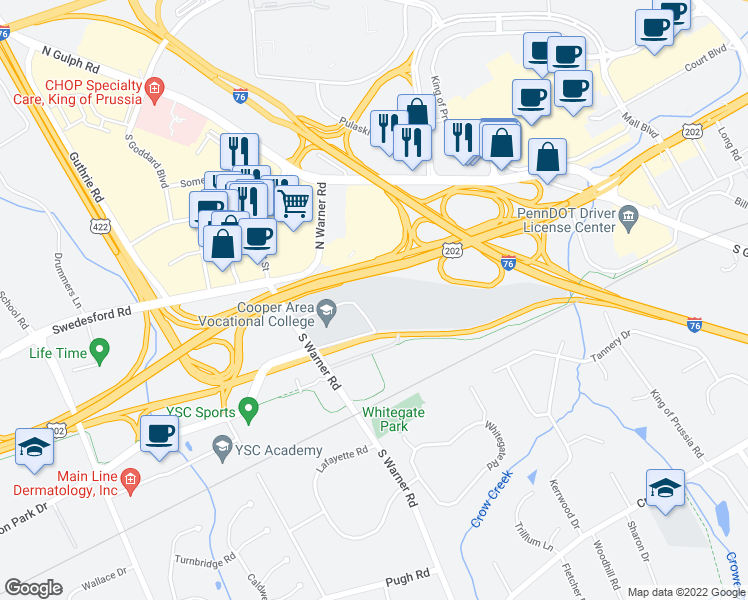 map of restaurants, bars, coffee shops, grocery stores, and more near 1000 Continental Drive in King of Prussia