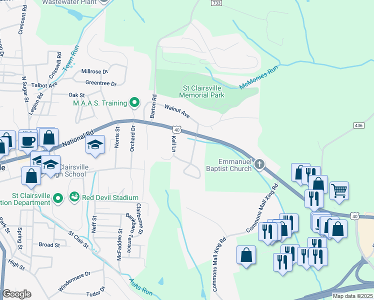 map of restaurants, bars, coffee shops, grocery stores, and more near 107 Spring Park Avenue in St. Clairsville