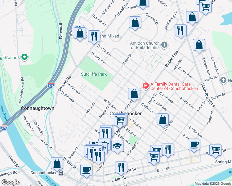 map of restaurants, bars, coffee shops, grocery stores, and more near 806 Maple Street in Conshohocken