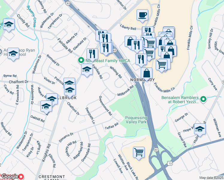 map of restaurants, bars, coffee shops, grocery stores, and more near 4241 Fairdale Road in Philadelphia
