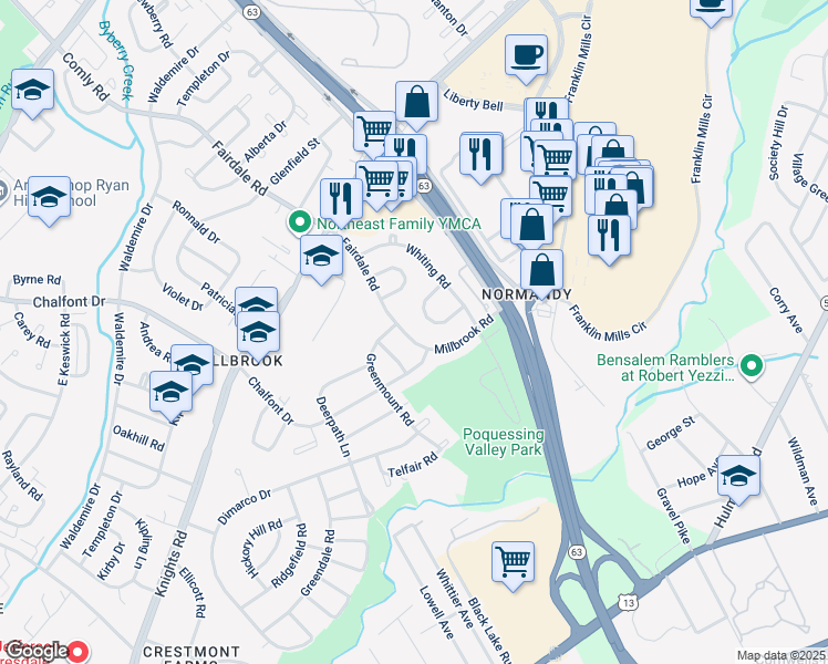 map of restaurants, bars, coffee shops, grocery stores, and more near 4241 Fairdale Road in Philadelphia