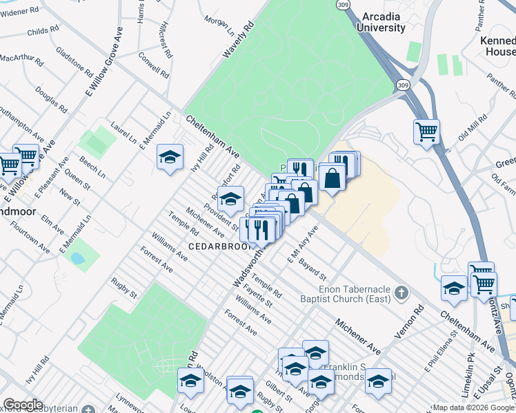 map of restaurants, bars, coffee shops, grocery stores, and more near 8447 Pickering Avenue in Philadelphia