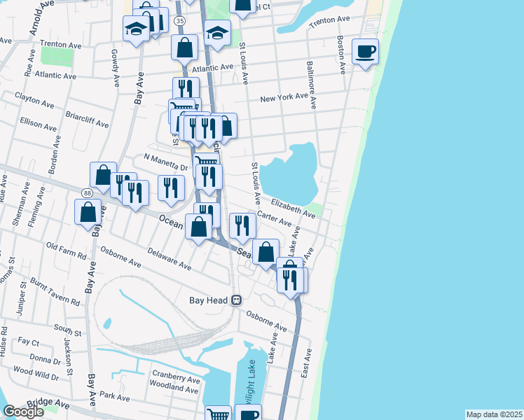 map of restaurants, bars, coffee shops, grocery stores, and more near 325 Carter Avenue in Point Pleasant Beach