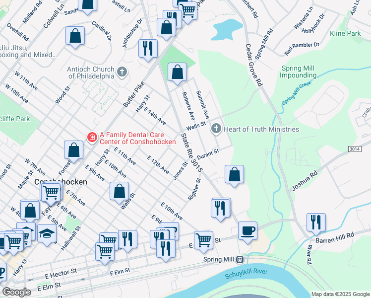 map of restaurants, bars, coffee shops, grocery stores, and more near 329 East North Lane in Conshohocken