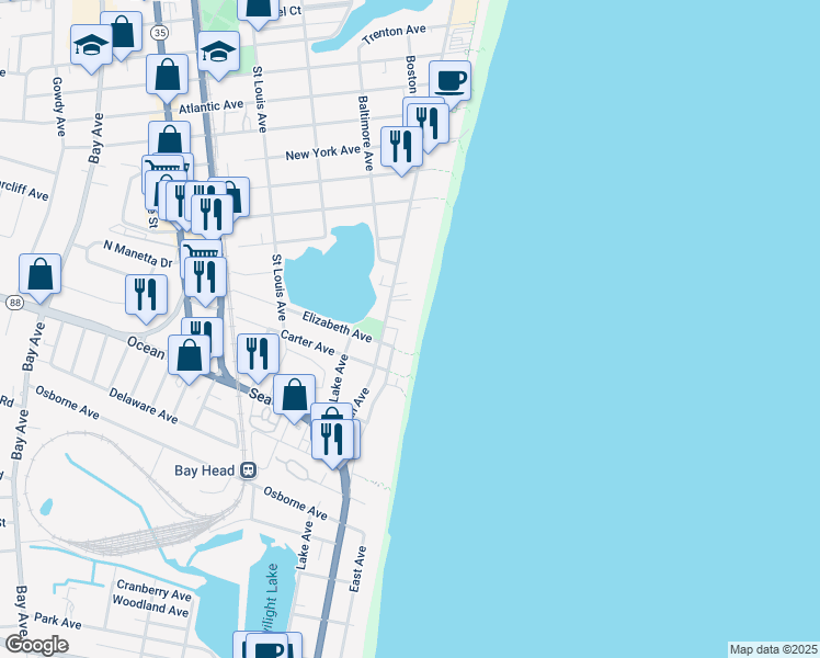map of restaurants, bars, coffee shops, grocery stores, and more near 1425 Ocean Front in Point Pleasant Beach