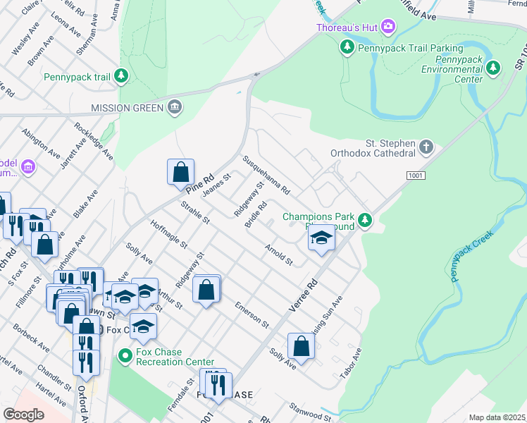 map of restaurants, bars, coffee shops, grocery stores, and more near 8511 Bridle Road in Philadelphia