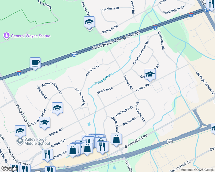 map of restaurants, bars, coffee shops, grocery stores, and more near 412 Prussian Lane in Wayne